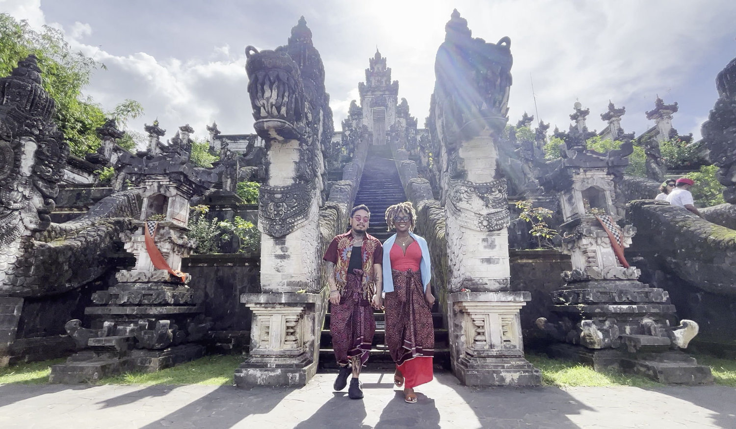 Mason and Shay on the steps of a Balinese temple